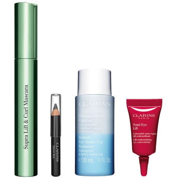 clarins mascara supra lift & curl confezione esclusiva naima mascara nero + 30 ml struccante occhi + mini matita crayon khol + 3 ml crema contorno occ