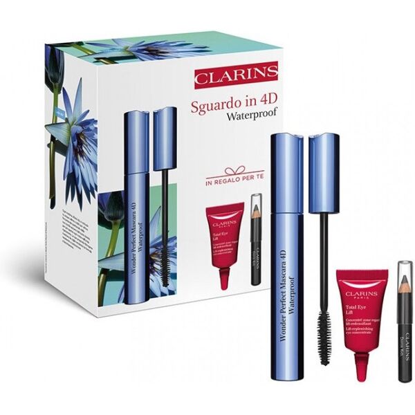 clarins wonder perfect mascara 4d waterproof confezione mascara nero + 3 ml crema occhi + mini matita occhi nera