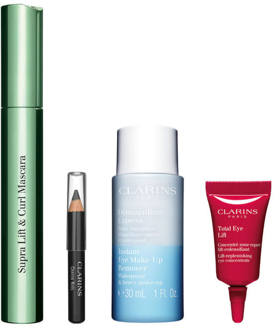 clarins mascara supra lift & curl confezione esclusiva naima mascara nero + 30 ml struccante occhi + mini matita crayon khol + 3 ml crema contorno occ