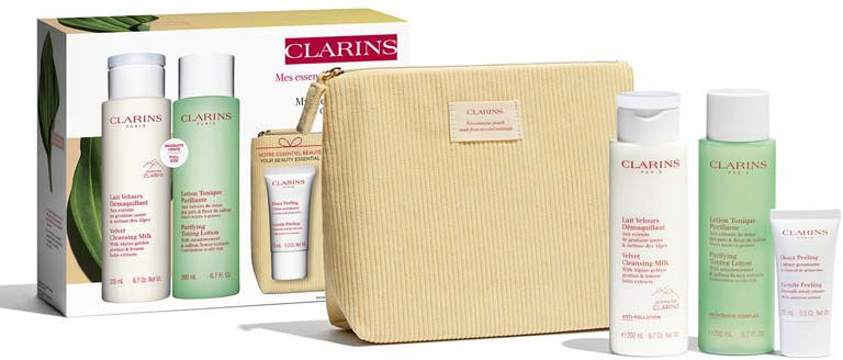 clarins lait velours démaquillant + lotion tonique purifiante pelli miste e grasse 200 ml latte detergente + 200 ml lozione tonica + 15 scrub viso