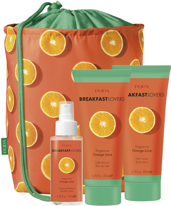 Pupa BREAKFAST LOVERS KIT 4 Latte Doccia - Latte Corpo - Acqua Profumata ORANGE JUICE 100 ML Acqua Aromatica Corpo + 200 ML Latte Doccia + 200 ML Latt