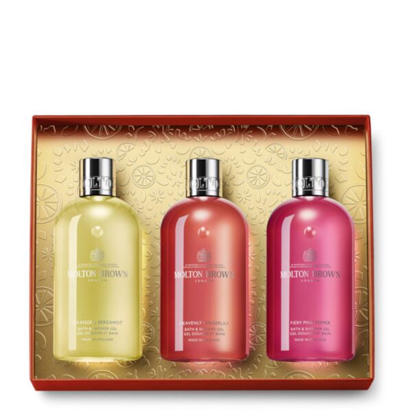 molton brown floral & spicy body care gift set 3 x 300 ml shower gel
