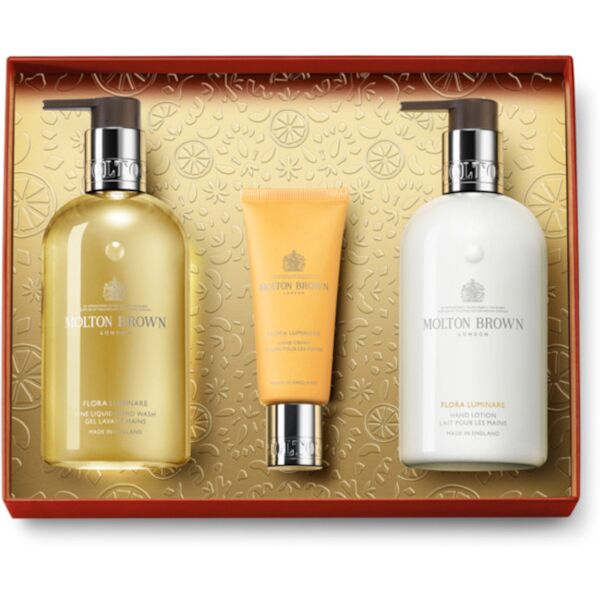 molton brown flora luminare hand care gift set 300 ml sapone liquido mani + 300 ml latte mani + 40 ml crema mani