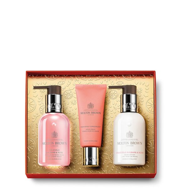 molton brown delicious rhubarb & rose hand cream gift set 100 ml sapone liquido mani + 100 ml latte mani + 40 ml crema mani