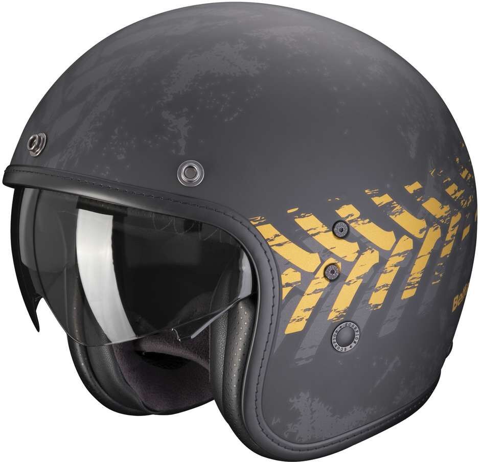 Casco Moto Jet Scorpion BELFAST EVO NEVADA Opaco Nero Oro taglia XS