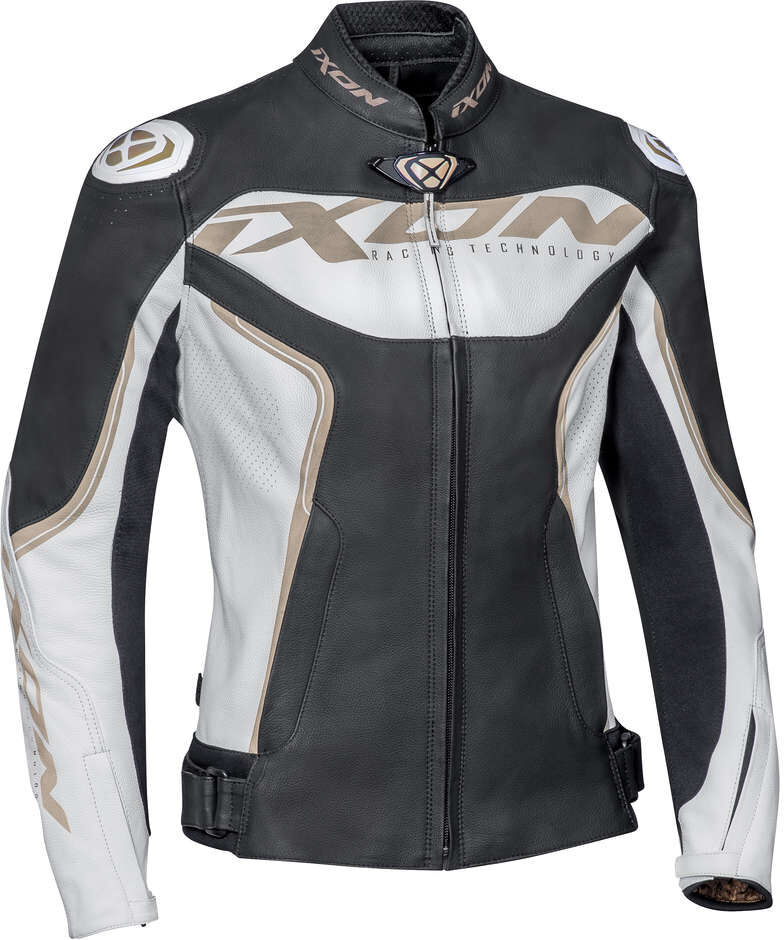 Giubbotto Moto da Donna in Pelle Ixon TRINITY Bianco Nero Or taglia 2X