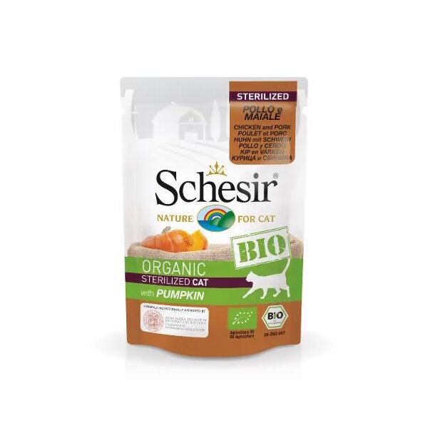 schesir bio cat sterilized busta multipack 16x85g pollo maiale e zucca