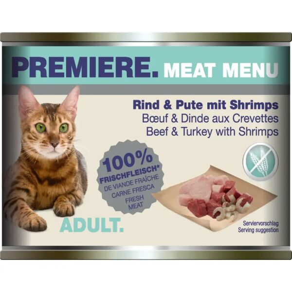 premiere meat menu cat lattina multipack 6x200g manzo e tacchino con gamberi