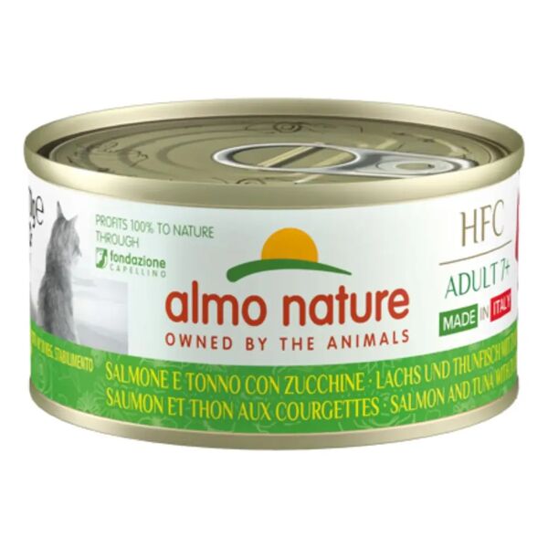 almo nature hfc adult 7+ made in italy lattina multipack 24x70g salmone e tonno con zucchine