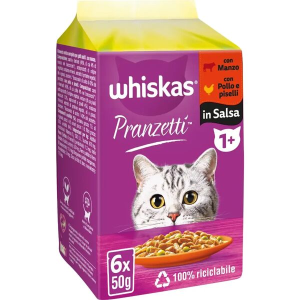 whiskas pranzetti cat busta multipack 6x50g manzo pollo e piselli