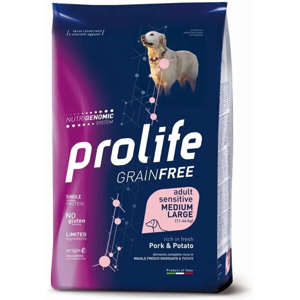 prolife sensitive dog adult grain free medium&large maiale e patate 10kg