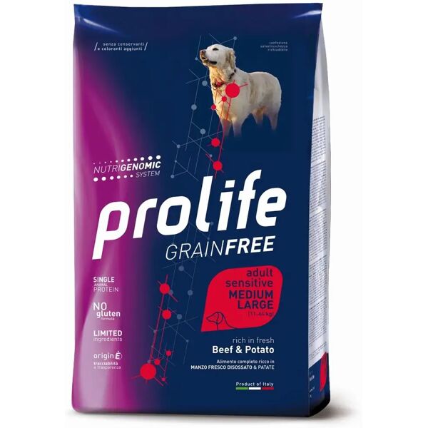 prolife sensitive dog adult grain free medium&large manzo e patate 10kg