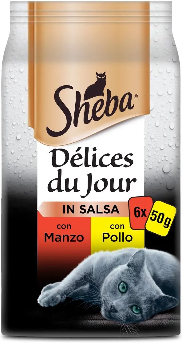 sheba délices du jour in salsa cat busta multipack 6x50g manzo e pollo