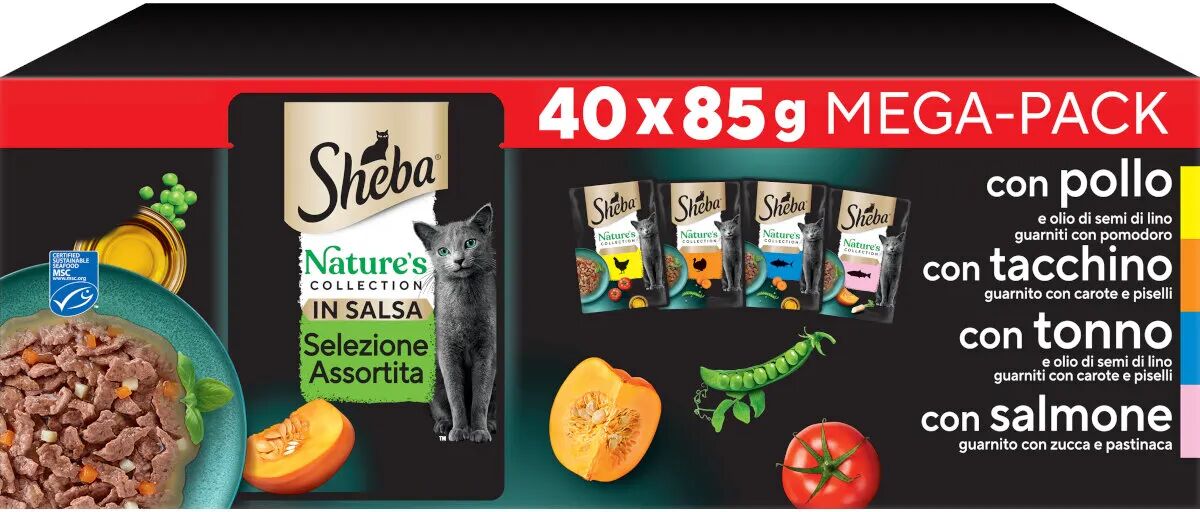 sheba nature’s collection in salsa cat busta multipack 40x85g mix carne e pesce