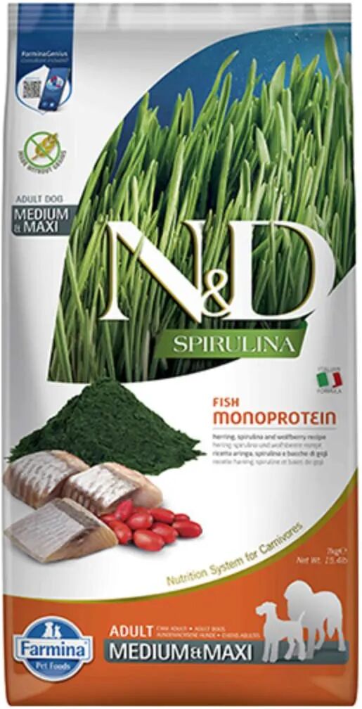 n&d dog spirulina adult medium&maxi aringa 7kg