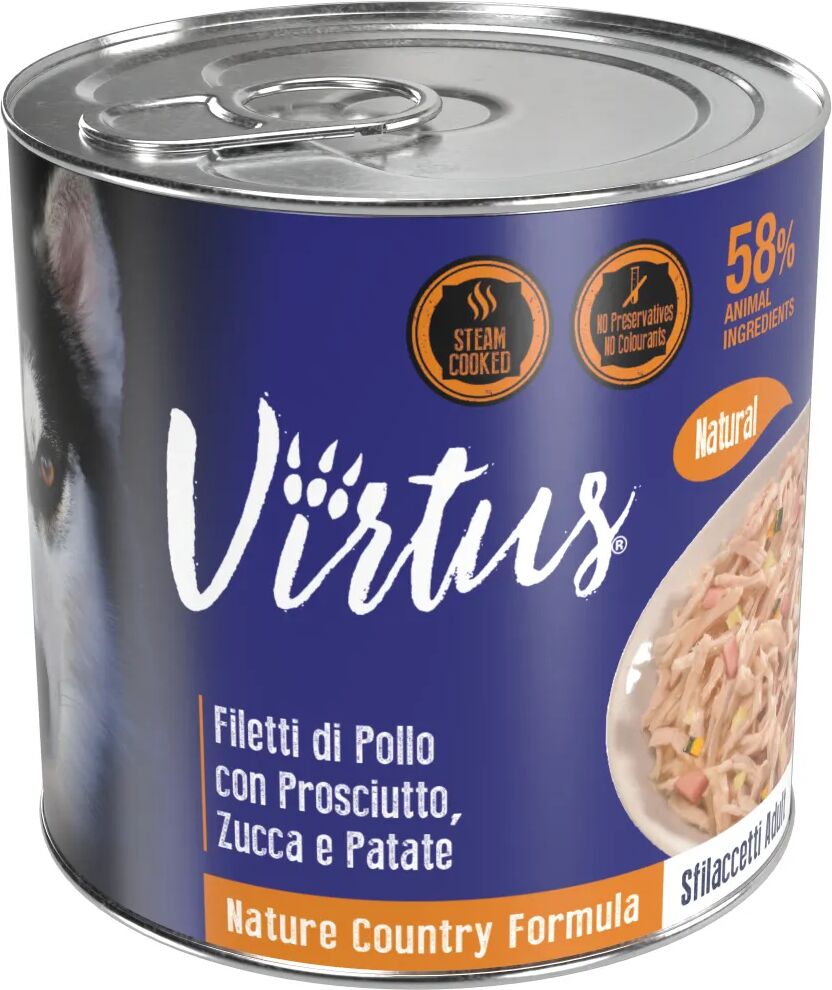 VIRTUS Natural Dog Lattina Multipack 24x280G POLLO CON PROSCIUTTO E ZUCCA E PATATE