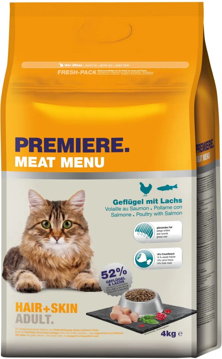 PREMIERE Meat Menu Hair & Skin per Gatto Adult con Pollame e Salmone 4KG