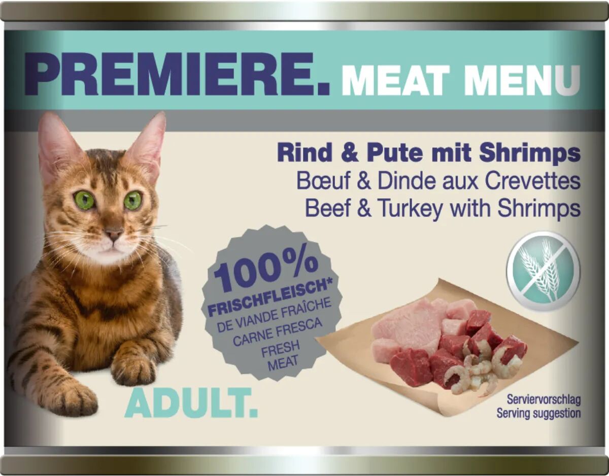 PREMIERE Meat Menu Cat Lattina Multipack 6x200G MANZO E TACCHINO CON GAMBERI