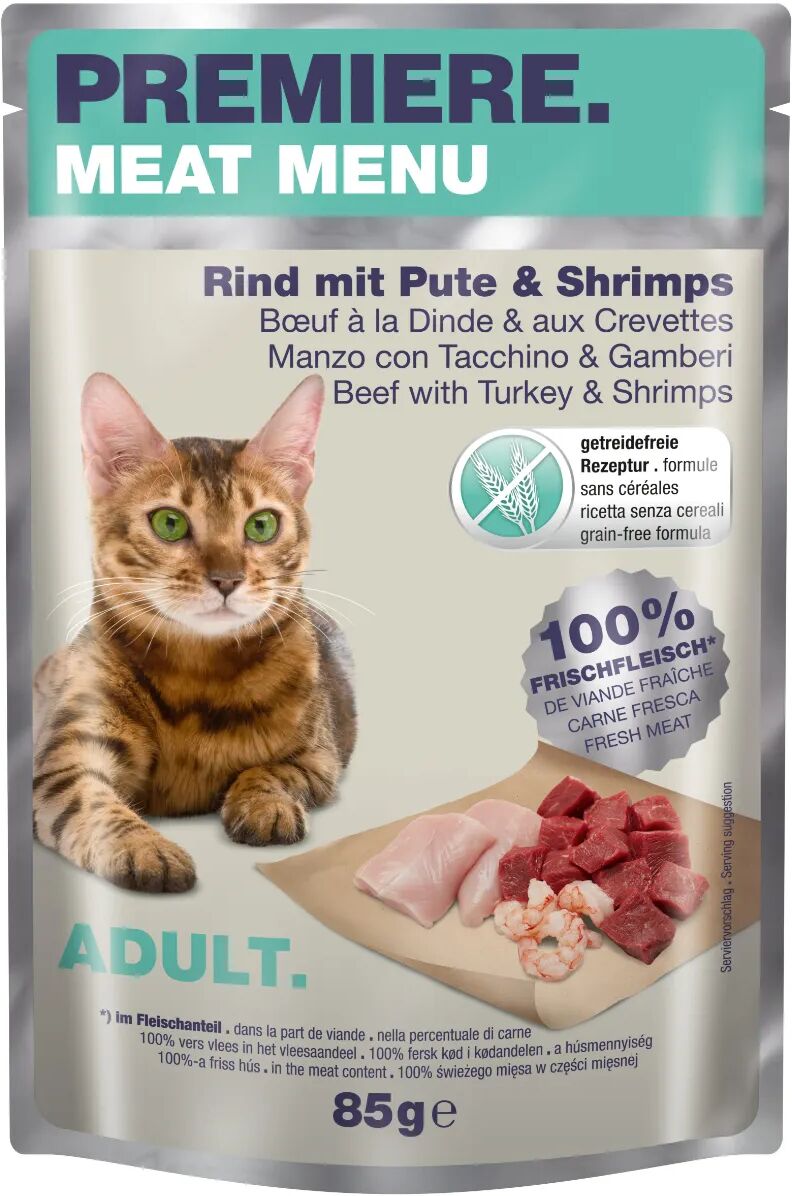 PREMIERE Meat Menu Cat Busta Multipack 12x85G MANZO E TACCHINO CON GAMBERI