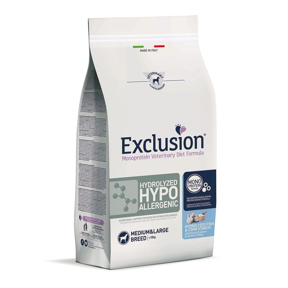 EXCLUSION Dog Diet Hydrolyzed Hypoallergenic Medium&Large Pesce Idrolizzato e Amido di Mais 2KG