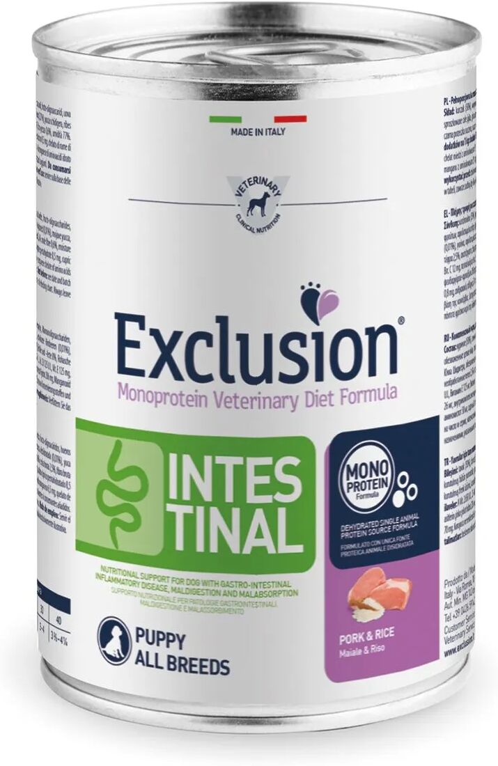 EXCLUSION Dog Puppy Diet Intestinal Lattina 400G Maiale 400G