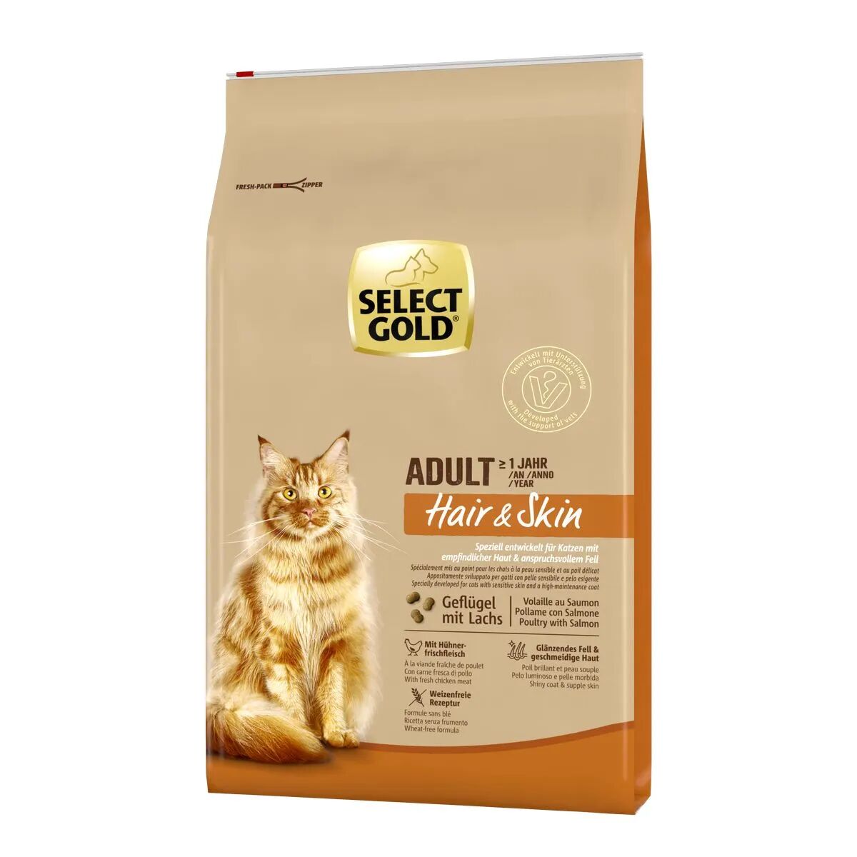 SELECT GOLD Cat Adult Hair&Skin Pollame e Salmone 7KG