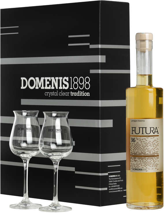 domenis1898 confezione regalo grappa domenis futura36 con 2 bicchieri