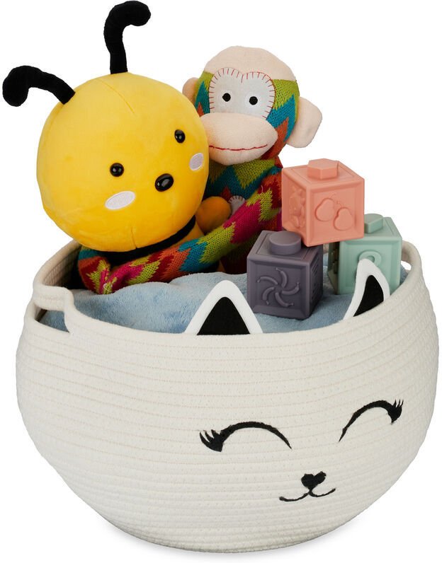 RELAXDAYS Cesto Portaoggetti, Cestino Portagiocattoli, HxD 24x35 cm, Forma Gatto, Cameretta Bambini, Cotone, Bianco Nero -