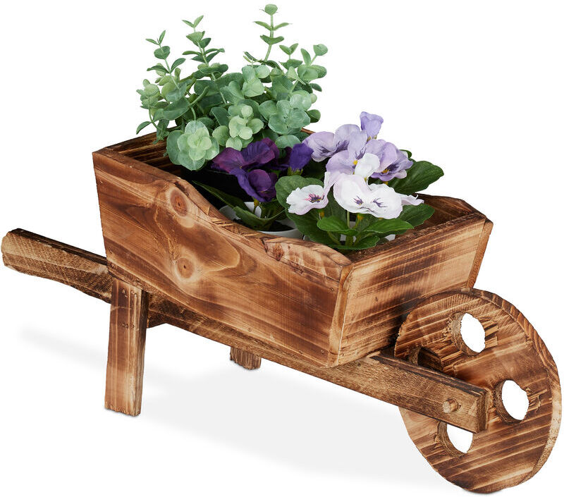 RELAXDAYS Carriola Porta Fiori, Legno Effetto Bruciato, Decorazione da Giardino Vintage, Vaso Giardinaggio, Naturale -