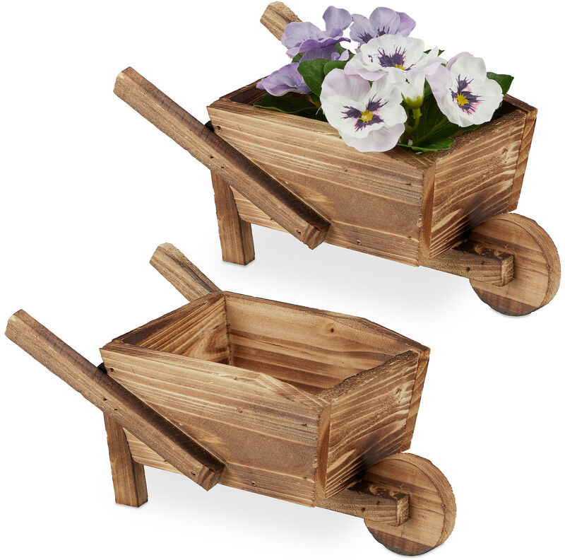 RELAXDAYS Carriola Porta Fiori, Set Doppio, Legno Effetto Bruciato, Decorazione Giardino Vintage, Giardinaggio, Naturale -