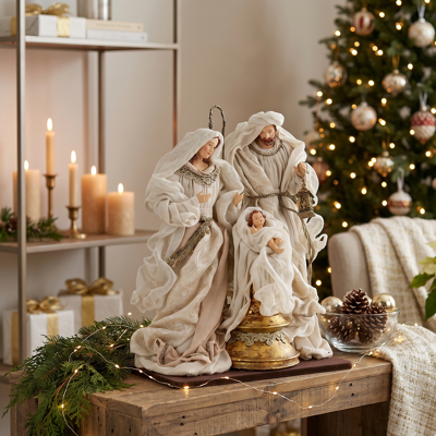 BIZZOTTO Sacra Famiglia Con Base Per Presepe Vestiti In Resina E Garza Color Champagne H 38 Cm BIZZOTTO Sacra Famiglia Con Base Per Presepe Vestiti In Resina E Garza Color Champagne H 38 Cm