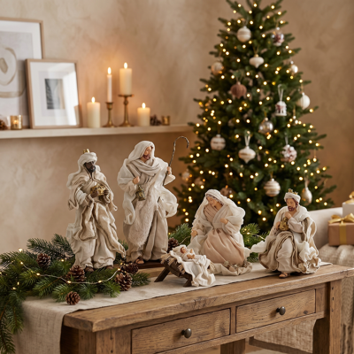 BIZZOTTO Natività Completa Con 6 Soggetti Statue Per Presepe Vestiti Color Champagne E Rosa BIZZOTTO Natività Completa Con 6 Soggetti Statue Per Presepe Vestiti Color Champagne E Rosa