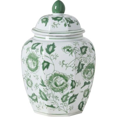 BELIANI Vaso Con Coperchio Decorato Con Fiori Vaso Di Zenzero Con Coperchio Accessorio Decorativo Porcellana Bianca E Verde Ferrol BELIANI Vaso Con Coperchio Decorato Con Fiori Vaso Di Zenzero Con Coperchio Accessorio Decorativo Porcellana Bianca E Verde Ferrol