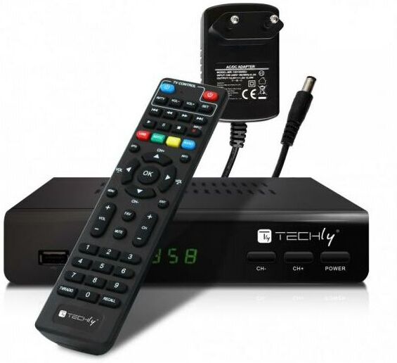 TECHLY Decoder Ricevitore Digitale Terrestre DVB-T/T2 H.265 hevc 10bit Metallo con Telecomando Universale 2 in 1 con Alimentatore 12V