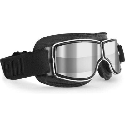OEM Occhiali Da Moto Stile Aviatore Vintage, In Pelle Nera, Per Caschi, In Policarbonato, Antiurto, Con Lenti A Specchio Argentate. OEM Occhiali Da Moto Stile Aviatore Vintage, In Pelle Nera, Per Caschi, In Policarbonato, Antiurto, Con Lenti A Specchio Argentate.