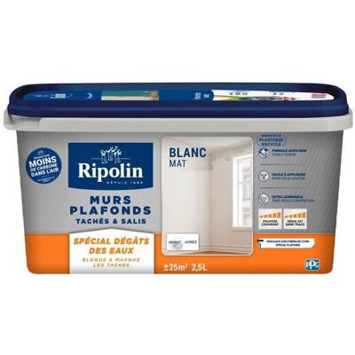 RIPOLIN Peinture Murs & Plafonds Tachés & Salis - Spécial Dégâts Des Eaux - Blanc Mat - - 2,5l RIPOLIN Peinture Murs & Plafonds Tachés & Salis - Spécial Dégâts Des Eaux - Blanc Mat - - 2,5l