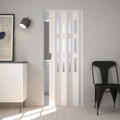 FORTE Porta A Soffietto Da Interno In Pvc 83x214 Cm Mod. Maya Colore Bianco Pastello Con Vetro Satinato FORTE Porta A Soffietto Da Interno In Pvc 83x214 Cm Mod. Maya Colore Bianco Pastello Con Vetro Satinato