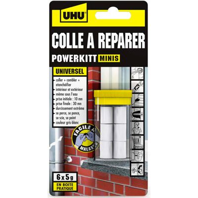 UHU Colla Da Riparare Powerkitt Mini - Pasta Epossidica Bicomponente Per Incollare, Riempire, Sigillare, Riparare, Interno Ed Esterno, Grigio, 6 X 5g UHU Colla Da Riparare Powerkitt Mini - Pasta Epossidica Bicomponente Per Incollare, Riempire, Sigillare, Riparare, Interno Ed Esterno, Grigio, 6 X 5g