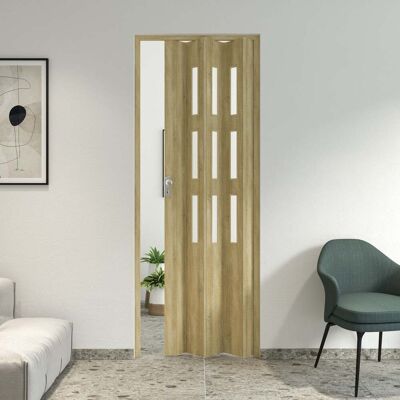 FORTE Porta A Soffietto Da Interno In Pvc 83x214 Cm Mod. Maya Colore Rovere Cognac Chiaro Con Vetro Satinato FORTE Porta A Soffietto Da Interno In Pvc 83x214 Cm Mod. Maya Colore Rovere Cognac Chiaro Con Vetro Satinato