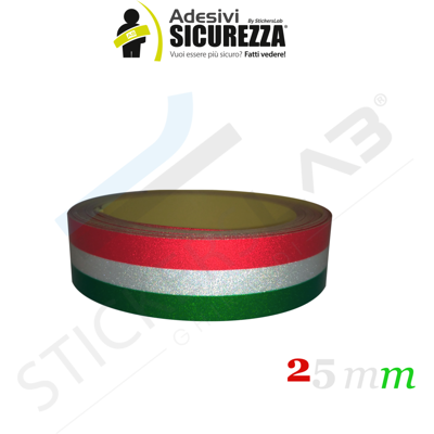 STICKERSLAB Fascia Adesiva Rifrangente Tricolore Italia 25/50mm Larghezza - 2,5cm (25mm), Lunghezza - 1 Metro STICKERSLAB Fascia Adesiva Rifrangente Tricolore Italia 25/50mm Larghezza - 2,5cm (25mm), Lunghezza - 1 Metro