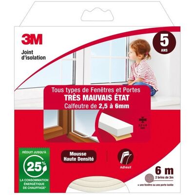 Guarnizione Universale 3M per Porta/Finestra - Bianco - 6m - Per fessure 2,5-6mm Guarnizione Universale 3M per Porta/Finestra - Bianco - 6m - Per fessure 2,5-6mm