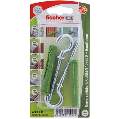 Fischer 2x Tasselli Universali Ux Green 10 X 60 Mm R Rh Con Bordo E Gancio A Anello - 520710 Fischer 2x Tasselli Universali Ux Green 10 X 60 Mm R Rh Con Bordo E Gancio A Anello - 520710