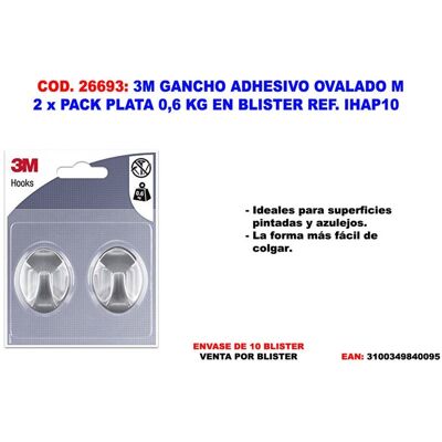 3M - Gancio Adesivo Ovale M 2 X Confezione Argento 0,6 Kg Ihap10 3M - Gancio Adesivo Ovale M 2 X Confezione Argento 0,6 Kg Ihap10