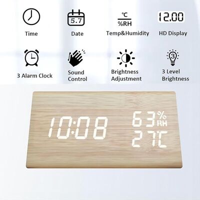 OEM Sveglia Digitale Dal Design In Legno, Display Elettronico A Led, Visualizzazione Di Ora E Data, Rilevamento Di Temperatura E Umidità, 3 Impostazioni Di Allarme, 3 Livelli Di Luminosità, Adatta Per Cas OEM Sveglia Digitale Dal Design In Legno, Display Elettronico A Led, Visualizzazione Di Ora E Data, Rilevamento Di Temperatura E Umidità, 3 Impostazioni Di Allarme, 3 Livelli Di Luminosità, Adatta Per Cas