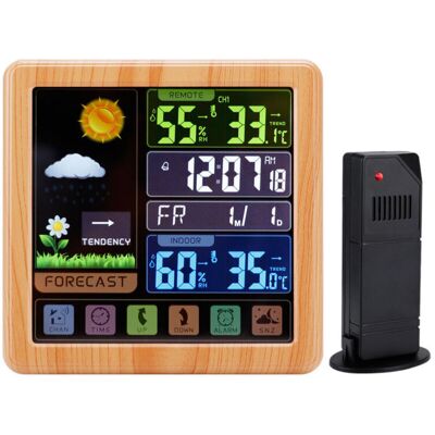 OEM Stazione Meteorologica Wireless, Stazione Meteorologica Con Schermo Lcd A Colori, Termometro/igrometro Per Interni/esterni Con Sensore Esterno, Funzione Snooze Sveglia (colore Effetto Legno) - Crezuo OEM Stazione Meteorologica Wireless, Stazione Meteorologica Con Schermo Lcd A Colori, Termometro/igrometro Per Interni/esterni Con Sensore Esterno, Funzione Snooze Sveglia (colore Effetto Legno) - Crezuo