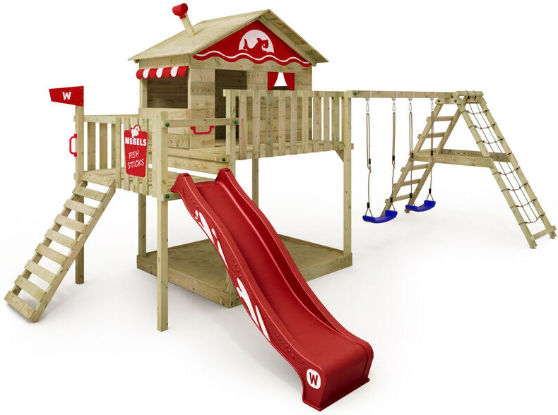 wickey Parco giochi in legno Smart Ocean Giochi da giardino con altalena e scivolo Casa su palafitte da esterno con sabbiera e scala di risalita per bambini