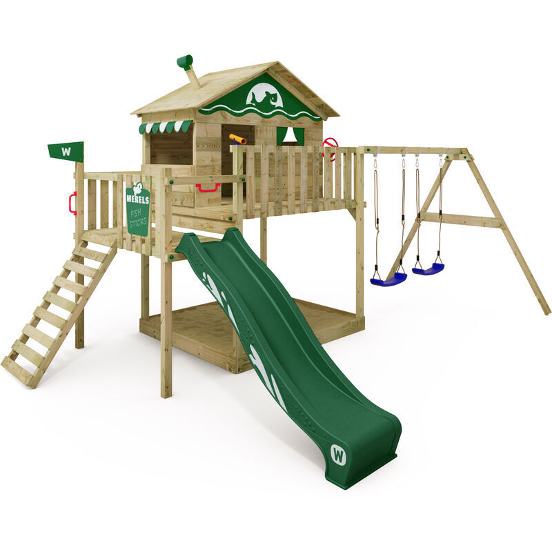 wickey Parco giochi in legno Smart Coast Giochi da giardino con altalena e scivolo Casa su palafitte da esterno con sabbiera e scala di risalita per bambini