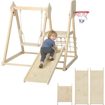 OEM Gioco Arrampicata 5 In 1 Pieghevole Con Scivolo, 2 Pareti, Altalena E Canestro, In Legno, 140x172.5x116.5 Cm OEM Gioco Arrampicata 5 In 1 Pieghevole Con Scivolo, 2 Pareti, Altalena E Canestro, In Legno, 140x172.5x116.5 Cm