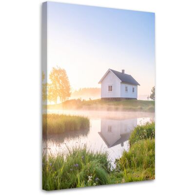 FEEBY Quadro Su Tela, Cottage Sul Lago Nella Nebbia Al Mattino, 40x60 FEEBY Quadro Su Tela, Cottage Sul Lago Nella Nebbia Al Mattino, 40x60