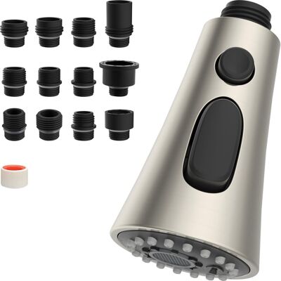 HABITEX Testina Rubinetto Cucina Sostitutiva Con 3 Getto, Lavello Estraibile Con 9 Adattatori, Miscelatore Compatibile G1/2, Nichel Spazzolato HABITEX Testina Rubinetto Cucina Sostitutiva Con 3 Getto, Lavello Estraibile Con 9 Adattatori, Miscelatore Compatibile G1/2, Nichel Spazzolato